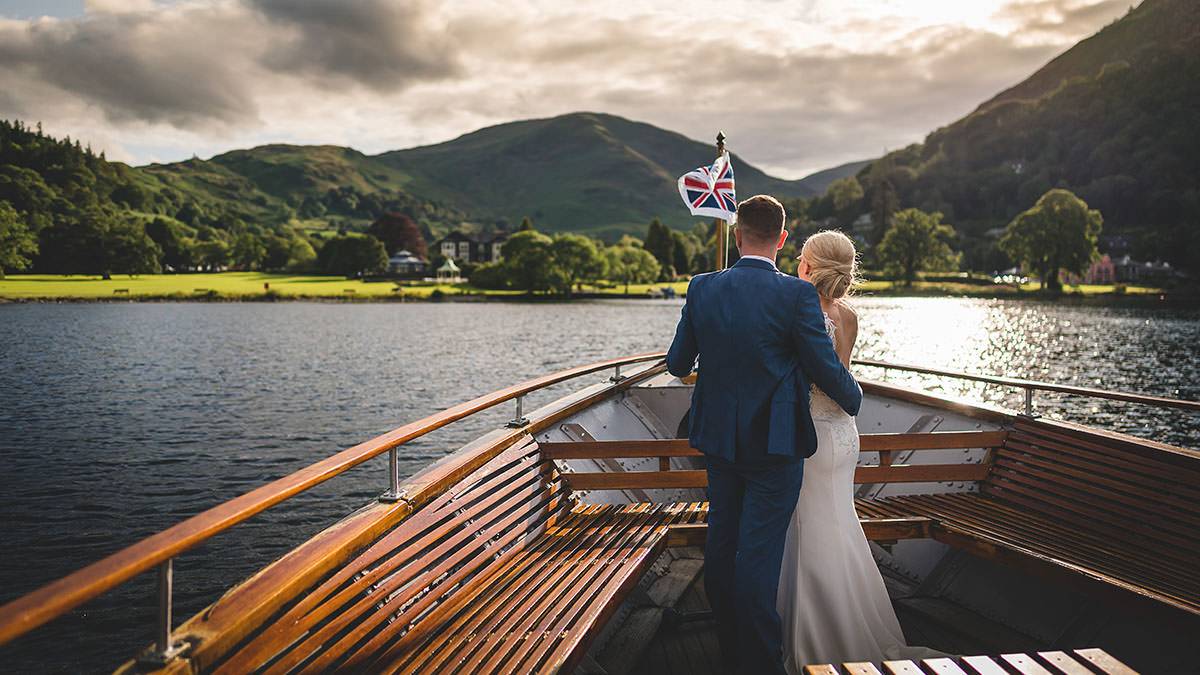 bride and groom on Ullswater steamer, inn on the lake elopement wedding