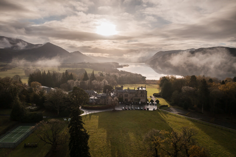 Aerial view of Armathwaite Hall with lake view in the Lake District