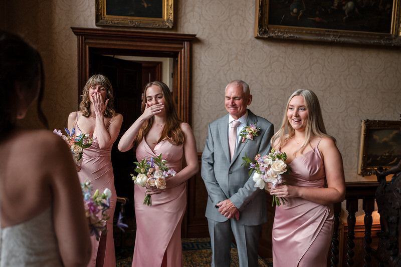 Bridesmaids first look reaction at Armathwaite Hall wedding in the Lake District