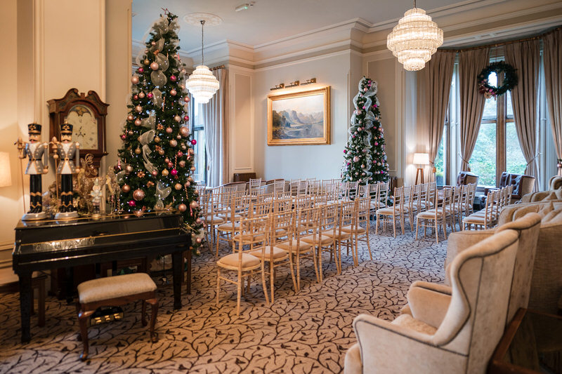 Ceremony room with Christmas décor at Armathwaite Hall