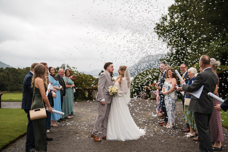 Confetti moment on the terrace at Armathwaite Hall