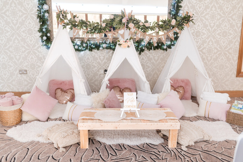 Kids VIP corner with teepee setup at Armathwaite Hall wedding