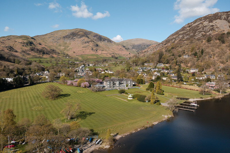 Aerial view of Inn on the Lake wedding venue beside Ullswater in the Lake District