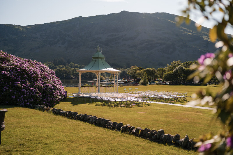 Outdoor wedding ceremony setup at the Inn on the Lake gazebo on Ullswater
