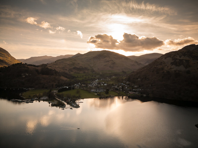 Sunset aerial landscape over Ullswater near Inn on the Lake