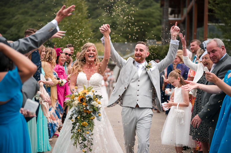 Confetti wedding exit couple at Lodore Falls Hotel