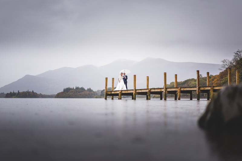 Wedding portrait on the Derwentwater jetty near Lodore Falls Hotel
