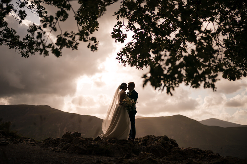 Mountain-view silhouette wedding portrait near Lodore Falls Hotel