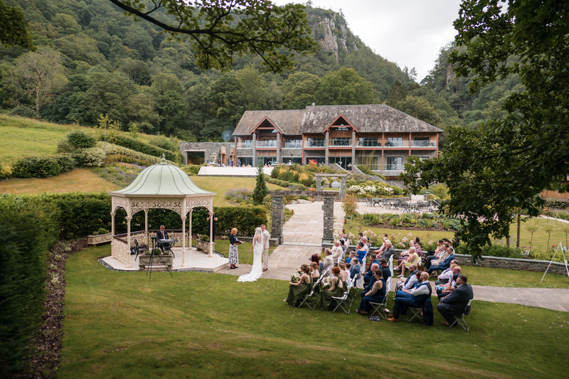 Wide view of outdoor ceremony setting at Lodore Falls Hotel