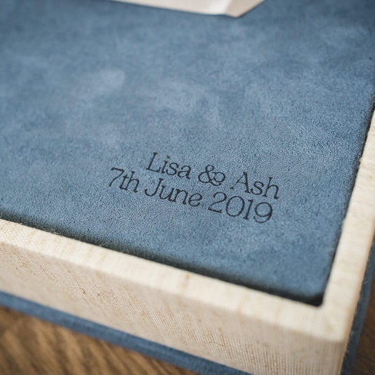 Open lay-flat wedding album spread showing printed photographs