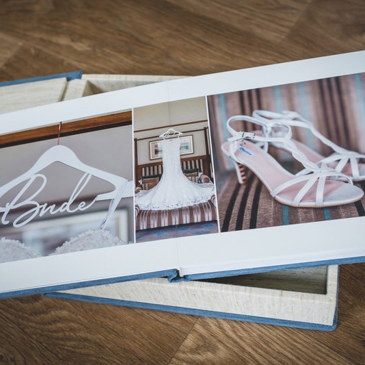 Wedding album presentation box detail with ribbon