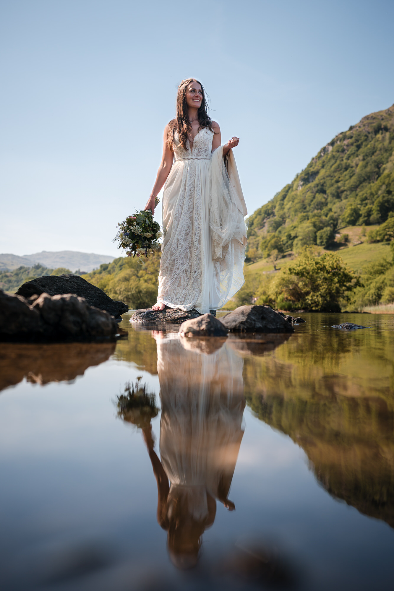 Wedding portrait beside Rydal Water after a Cote How wedding