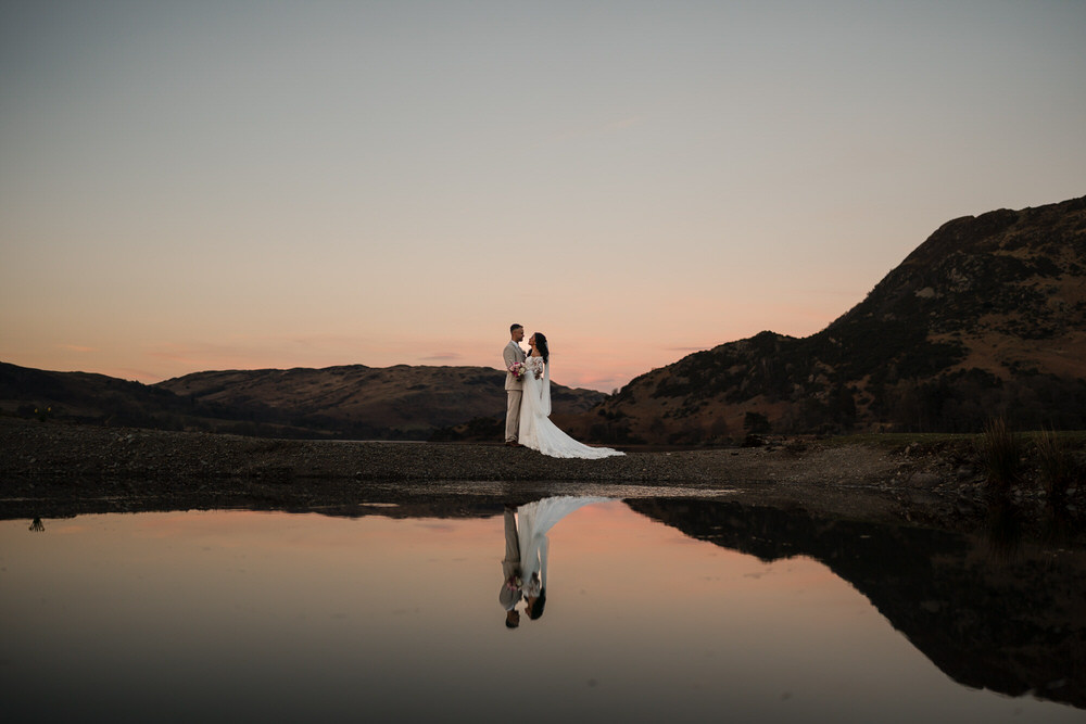 Lake District golden hour wedding photography Golden hour wedding portrait in the Lake District with soft evening light