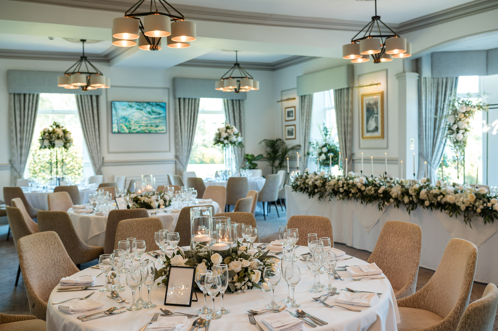 The wedding breakfast room at Inn on the Lake styled with white flowers and candles