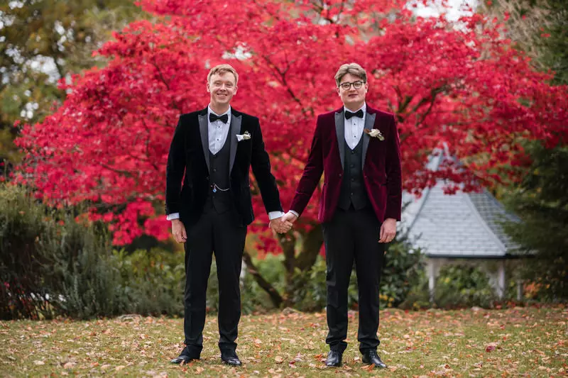 Gay wedding couple autumn portrait at Broadoaks Country House