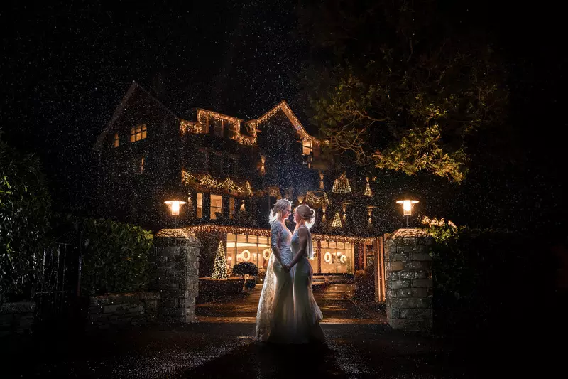 Lesbian wedding night portrait at Lodore Falls Hotel