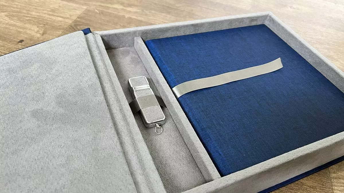 blue linen album with dove grey USB boxset blue linen album with dove grey USB boxset