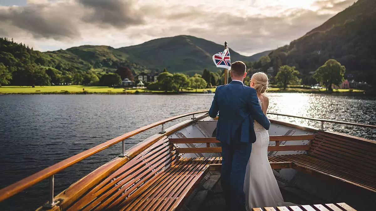 bride and groom on Ullswater steamer, inn on the lake elopement wedding bride and groom on Ullswater steamer, inn on the lake elopement wedding