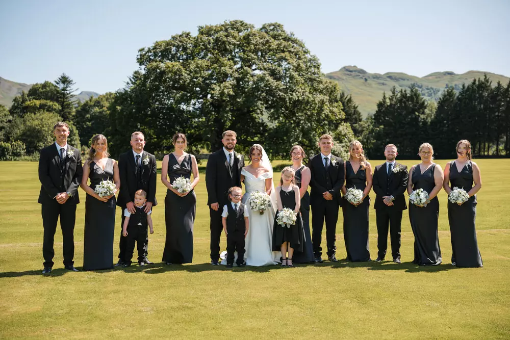 Bridal party group photo outdoors