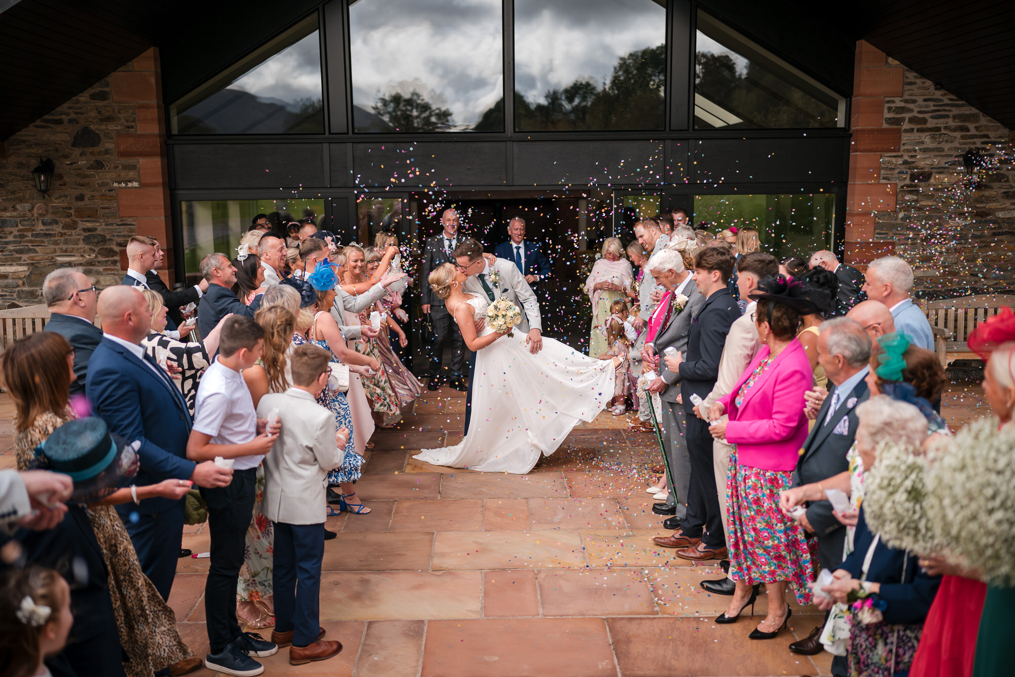 Wedding confetti outside the barn entrance at New House Farm