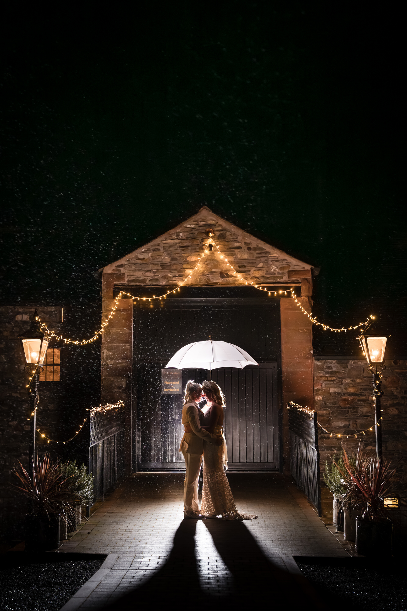 Winter night wedding portrait at New House Farm