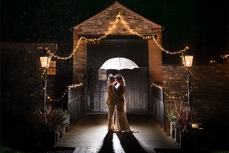 Night wedding portrait at New House Farm with creative lighting
