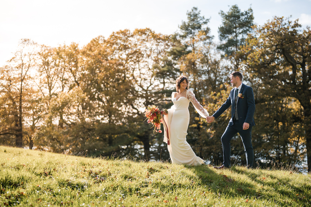 Bride and groom portrait at Town Head Estate overlooking the Lake District countryside